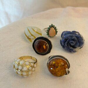 Vintage Ring Lot of 6 Silver, Amber,  Gemstone and Glass Jewelry Estate Rings